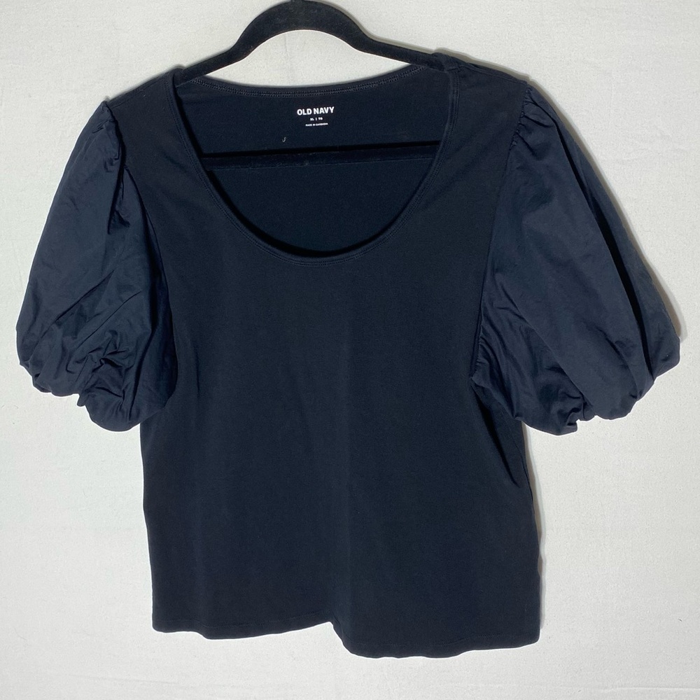 Old Navy Basics Black Scoop Neck Top With Short Puff Sleeves XL